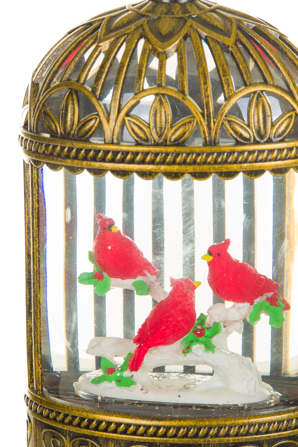 Rustic Gold Birdcage Warm White LED Snow Globe with Cardinals - Image 5