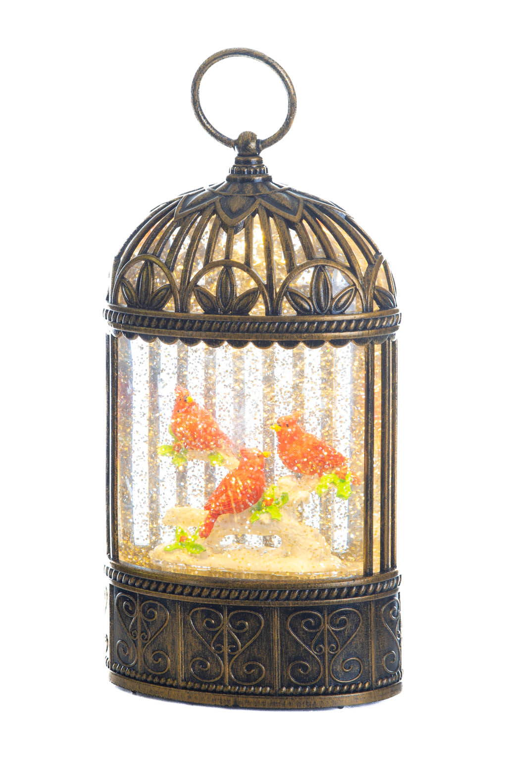 Rustic Gold Birdcage Warm White LED Snow Globe with Cardinals - Image 6