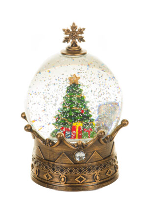 Brass Crowned Christmas Tree Warm White LED Snow Globe with Swirling Glitter