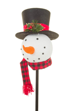 White and Buffalo Plaid Styrofoam Snowman Head Tree Topper with Top Hat