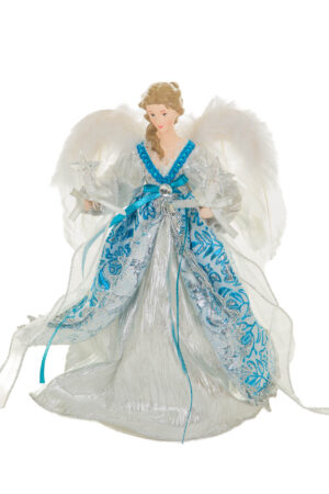 Silver and Cerulean Floral Warm White LED Angel Tree Topper