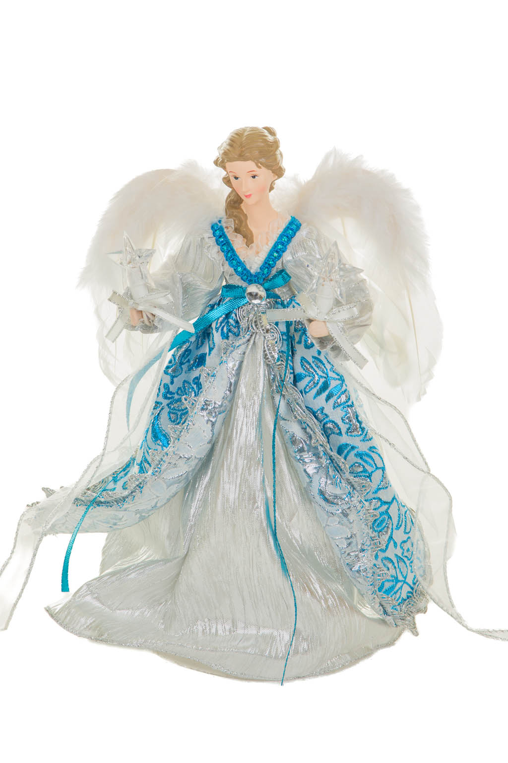 Silver and Cerulean Floral Warm White LED Angel Tree Topper
