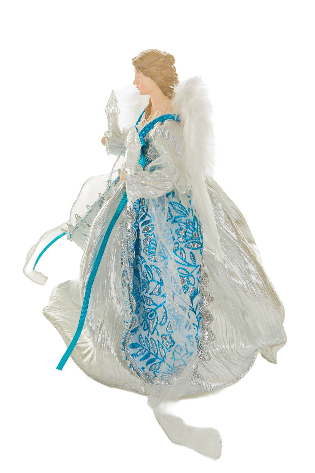 Silver and Cerulean Floral Warm White LED Angel Tree Topper - Image 2