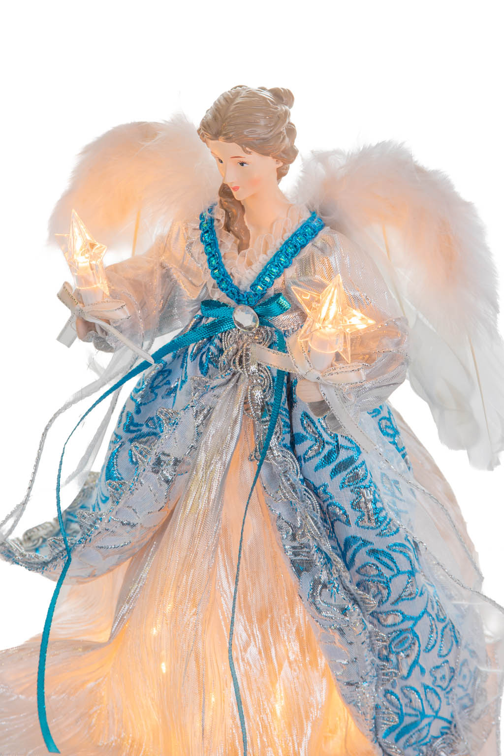 Silver and Cerulean Floral Warm White LED Angel Tree Topper - Image 6