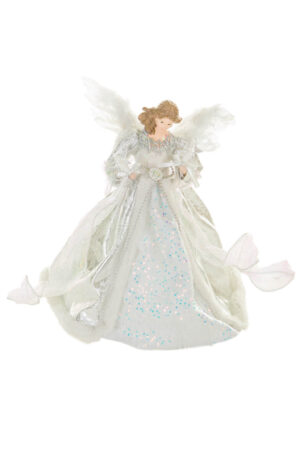 Silver and White Sequin Elegant Warm White LED Angel Tree Topper in Snokeflake Dress