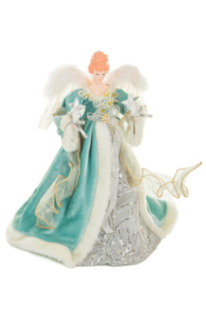 Turquoise and White Sleek Warm White LED Angel Tree Topper with Glowin Stars