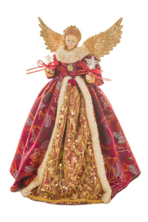 Burgundy and Gold Floral Monarchical Warm White LED Angel Tree Topper