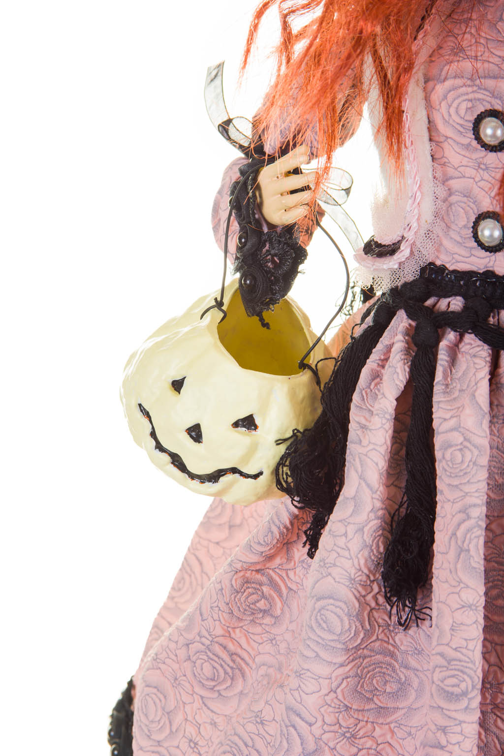Captivating Sitting Baby Pink and Black Witch with a White Pumpkin and Velvet Hat - Image 5