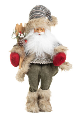 Sitting Gray and White Striped Alpine Santa with Skiis and Boots with the Fur
