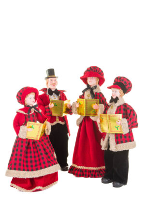 Red and Black Plaid Caroler Family with Golden Buttons ,  Set Of 4