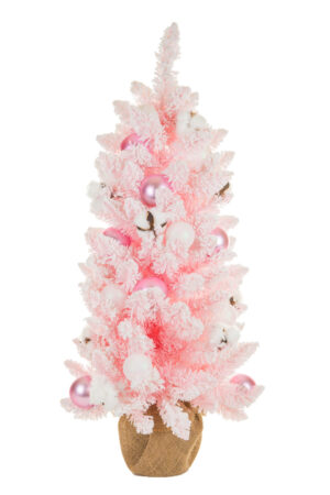 Frosty White and Pink Christmas Tree with Ornaments and Cotton Buds