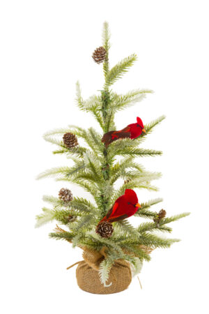 Green and White Christmas Tree with Cardinal Birds and Pinecones