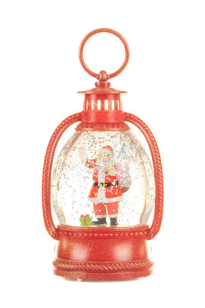 Red Santa Lantern Warm White LED Snow Globe with Swirling Glitter