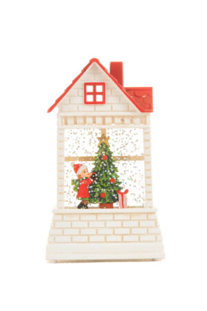 White and Red Brick House Warm White LED Mini Snow Globe with Red Roof