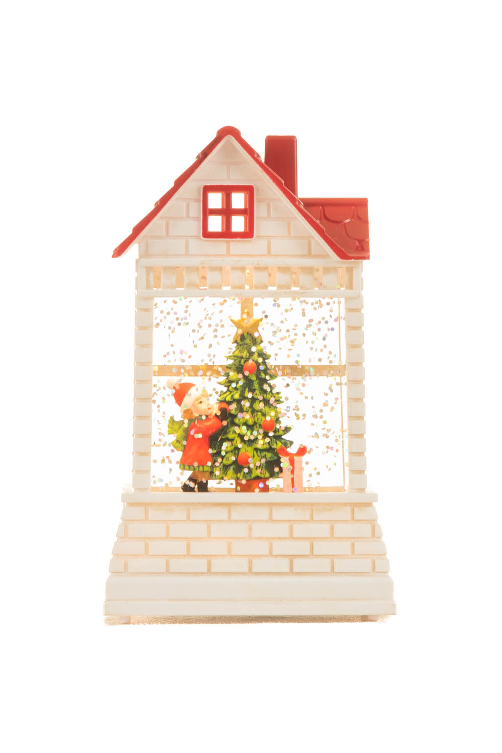White and Red Brick House Warm White LED Mini Snow Globe with Red Roof - Image 4