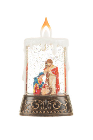 Bronze and White Candle-Like Baby Jesus Warm White LED Snow Globe
