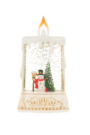 Beige and White Candle-Like Snowman Warm White LED Snow Globe