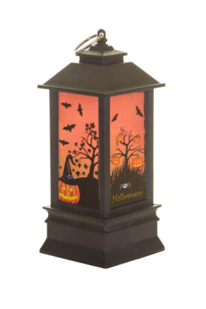 Hangable Black Spooky LED Lantern with Pumpkin Tree Scape