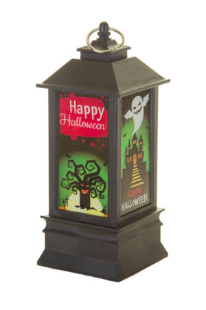Hangable Black Spooky LED Lantern with Haunted House Scape