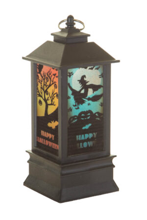 Hangable Black Spooky LED Lantern with Blue Witch Scape