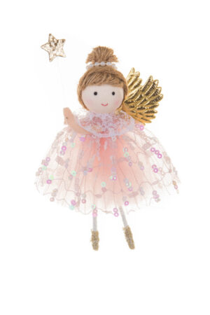Hangable Pink and Gold Sequin Cherubic Flying Angel Ornament with Wand and Bunned Up Braids