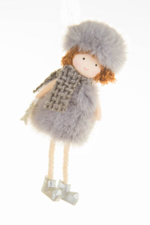 Hangable Gray Cozy Angel Ornament Wearing a Cross Knitted Scarf