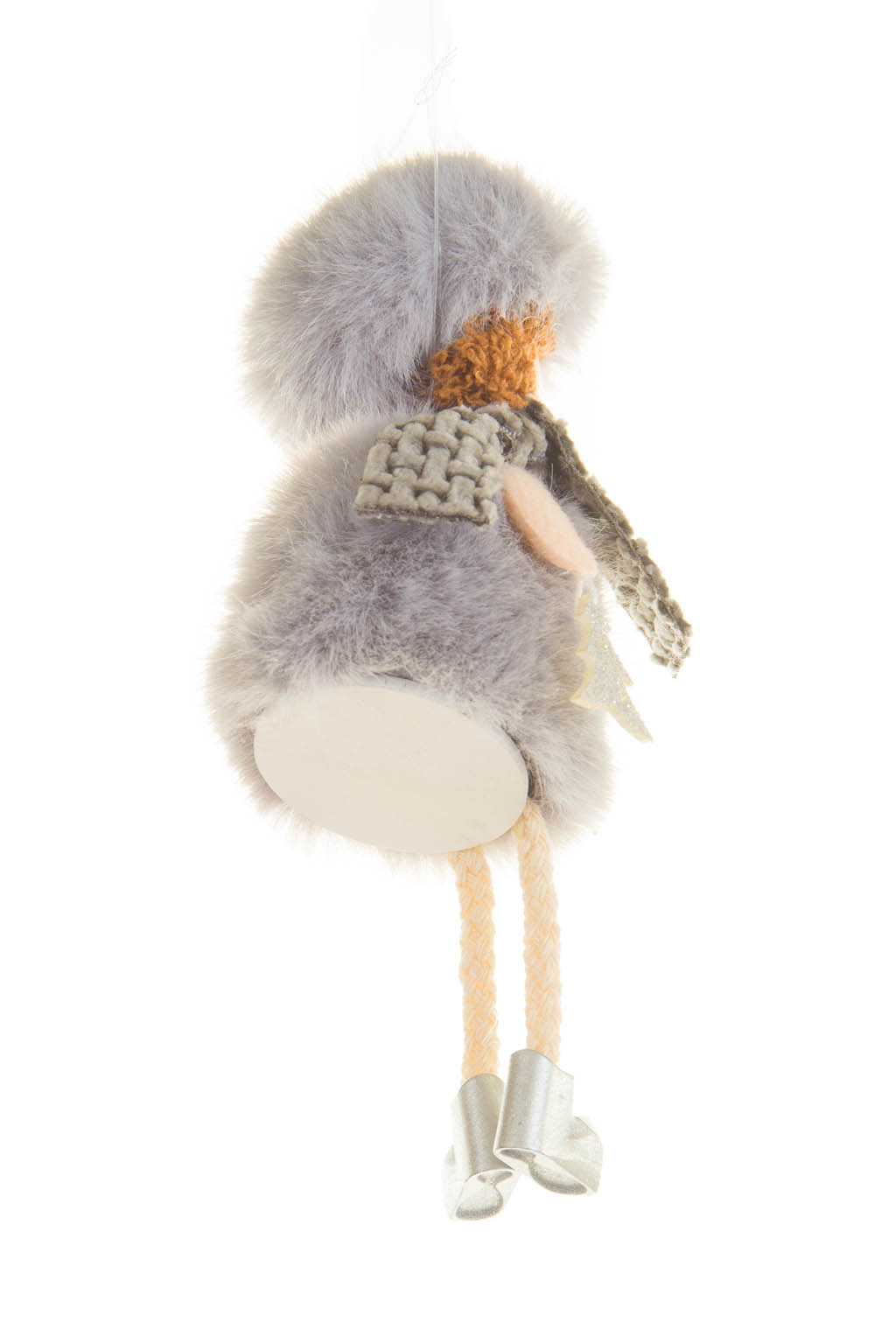 Hangable Gray Cozy Angel Ornament Wearing a Cross Knitted Scarf - Image 2