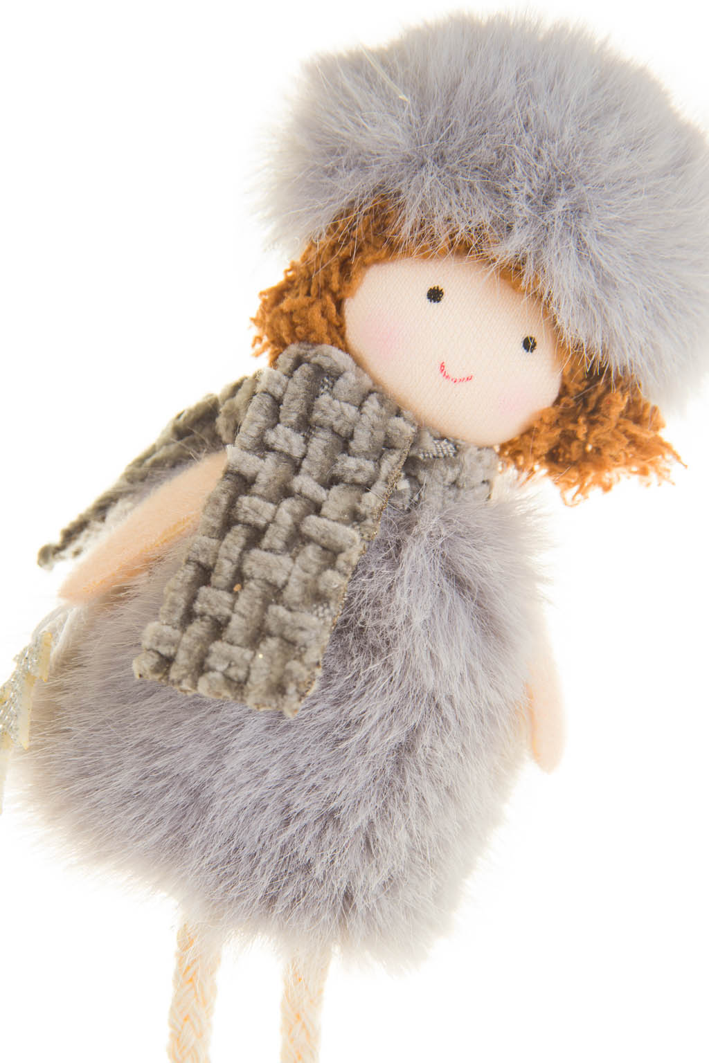 Hangable Gray Cozy Angel Ornament Wearing a Cross Knitted Scarf - Image 3