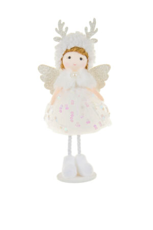 White Sequin Cozy Cherub Ornament in Tulle Petticoat and Jeweled Fur Neckline