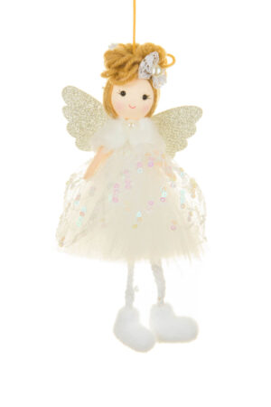 Cute Fancy Hanging Juvenile White Solid Fabric Ballerina Girl Ornament with Done Up Hair Silver Wings