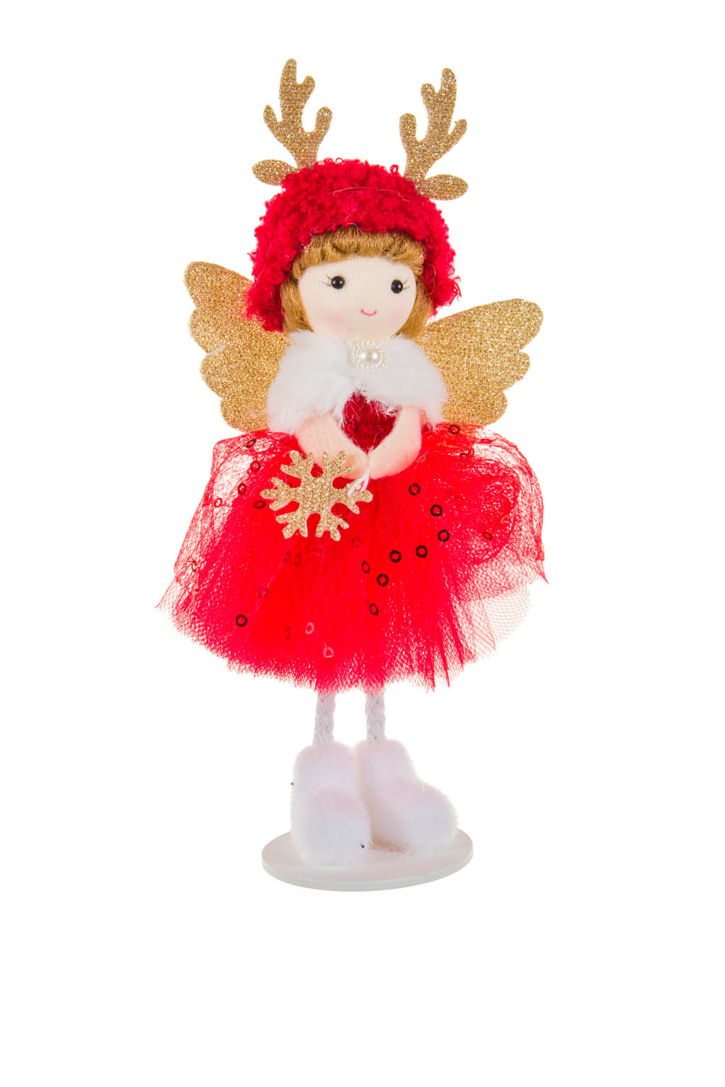 Red and Gold Elegant Angel Ornament with Antlers on Fuffy Cap