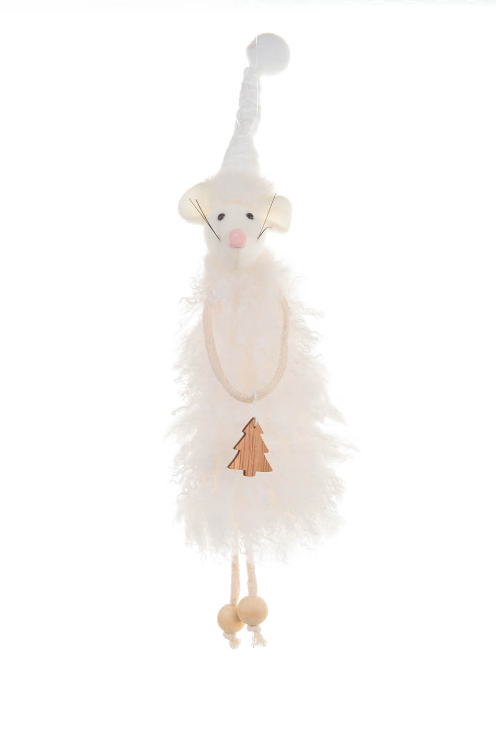 Hanging White Stocking Cap Cozy Rodent Ornament with White Stocking Cap