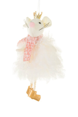 Hanging White and Pink Crown Cozy Rodent Ornament with Pink Scarf and a Shiny Crown
