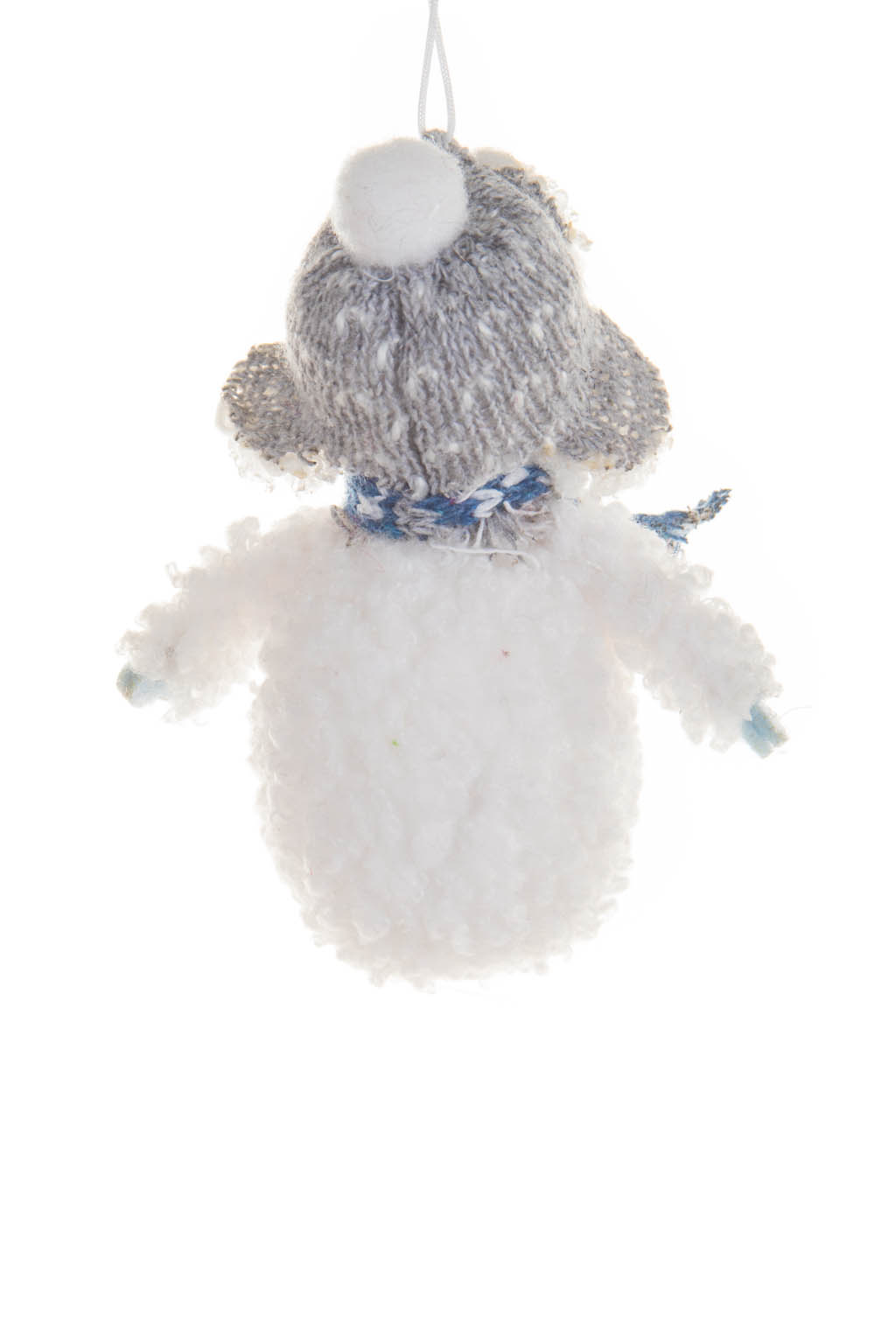 Hanging Frosted White Fluffy Snowman Ornament in Fleece Sweater - Image 2