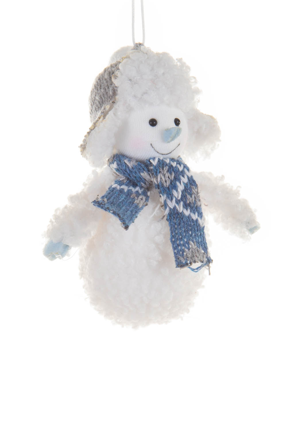 Hanging Frosted White Fluffy Snowman Ornament in Fleece Sweater