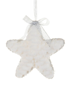 Hanging White and Silver Fuzzy Star Ornament with Sparkly Wrapping