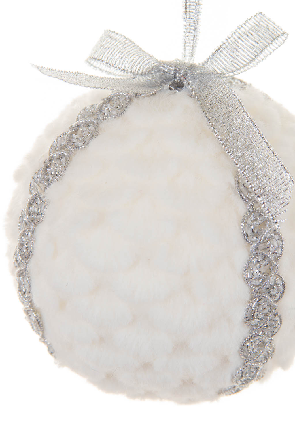 Hanging White and Silver Fuzzy Snowball Ornament with Sparkly Wrapping - Image 2