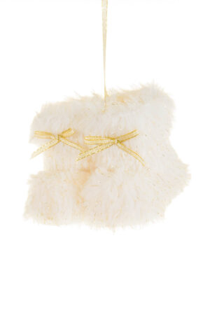 Hangable White and Gold Sparkly Sparkling Furry Boots Ornament with Glittery Ribbons