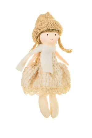Happy Fancy Hanging Juvenile Beige and Brown Solid Fabric Pigtail Girl Ornament with Dress