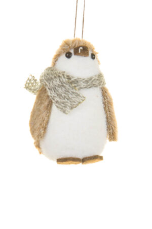 Happy Hanging Juvenile Brown and White Styrofoam Penguin Ornament with Scarf