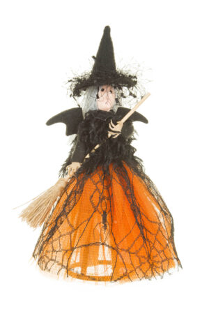 Friendly Bony Orange and Black Fabric Grinning Witch with Bat Wings