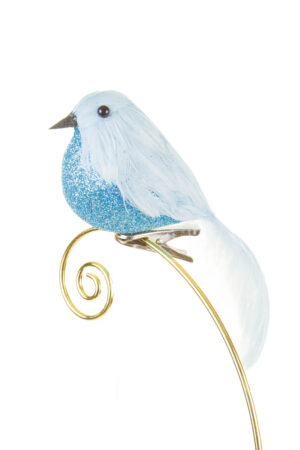 Cute Googly-Eyed Baby Blue Feather Clip-on Bird Ornament with Glittered Body
