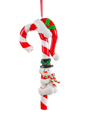 White and Red Candycane Ornament with Snowman