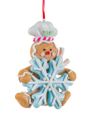 Smiling Hanging Brown and White Gingerbread Ornament with Blue Snowflake