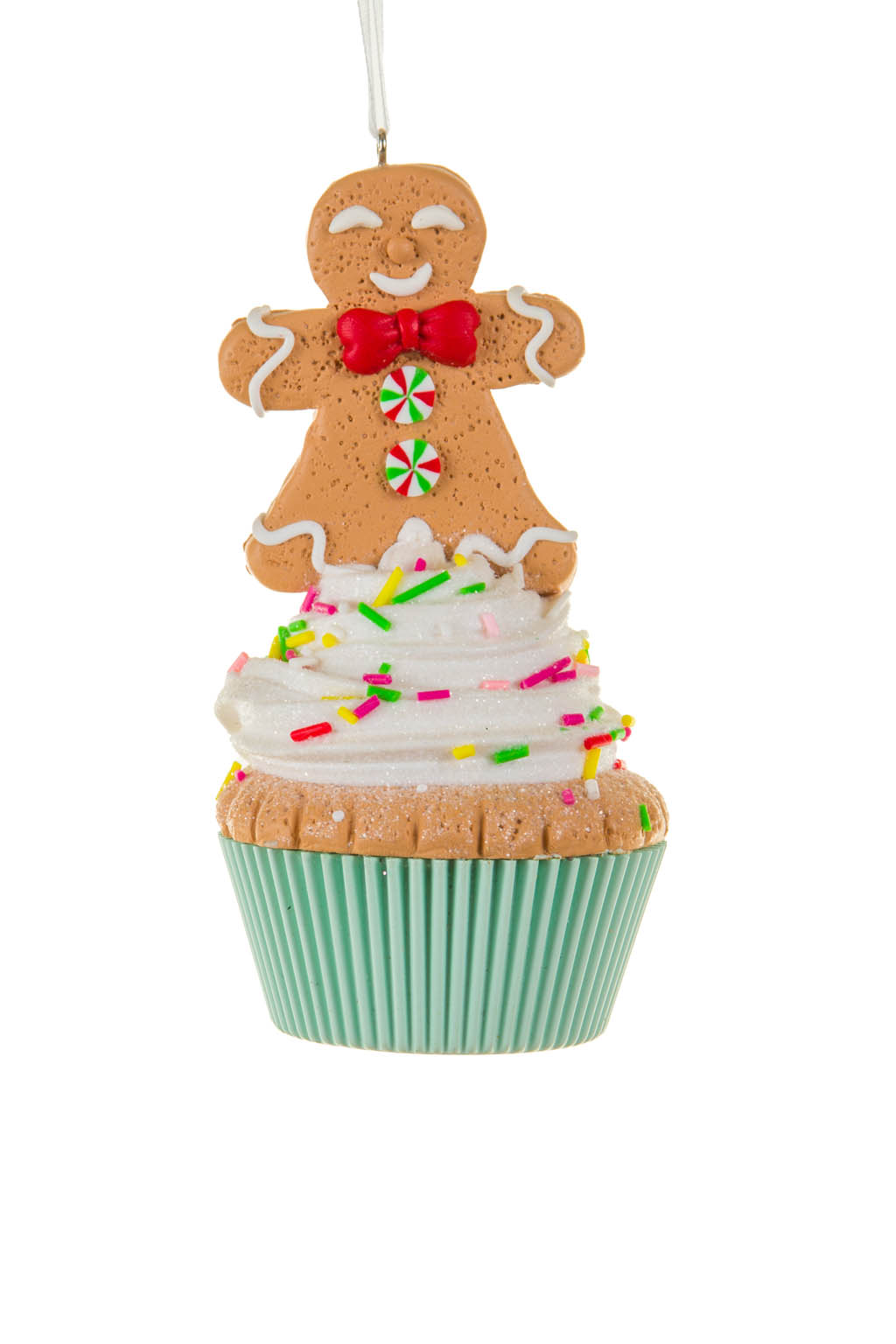 Cute Hanging Brown and White Gingerbread Man Ornament on a Cupcake with Sprinkles