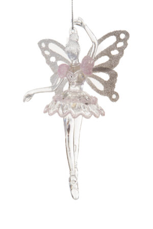 Pretty Hangable Clear and White Acrylic Fairy Ballerina Ornament with Glittery Wings