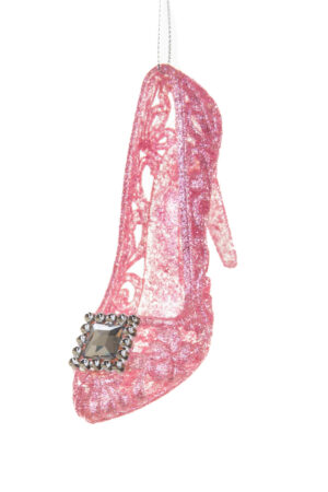 Pretty Glittery Hangable Pink Acrylic Silhouette Heel Ornament with a Chunky Rhinestone
