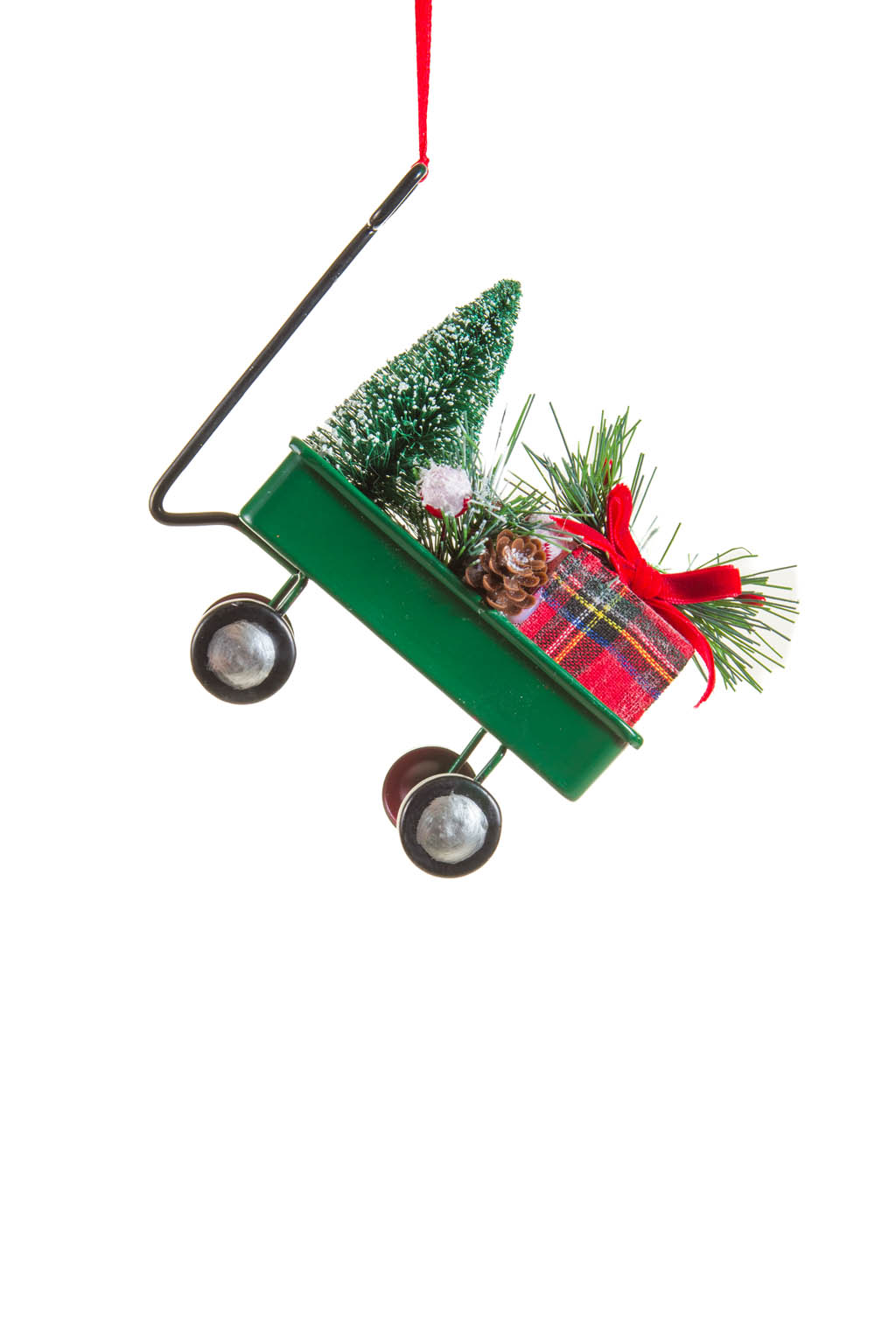 Festive Hanging Green and Red Lugging Wagon Ornament Hauling Christmas Tree
