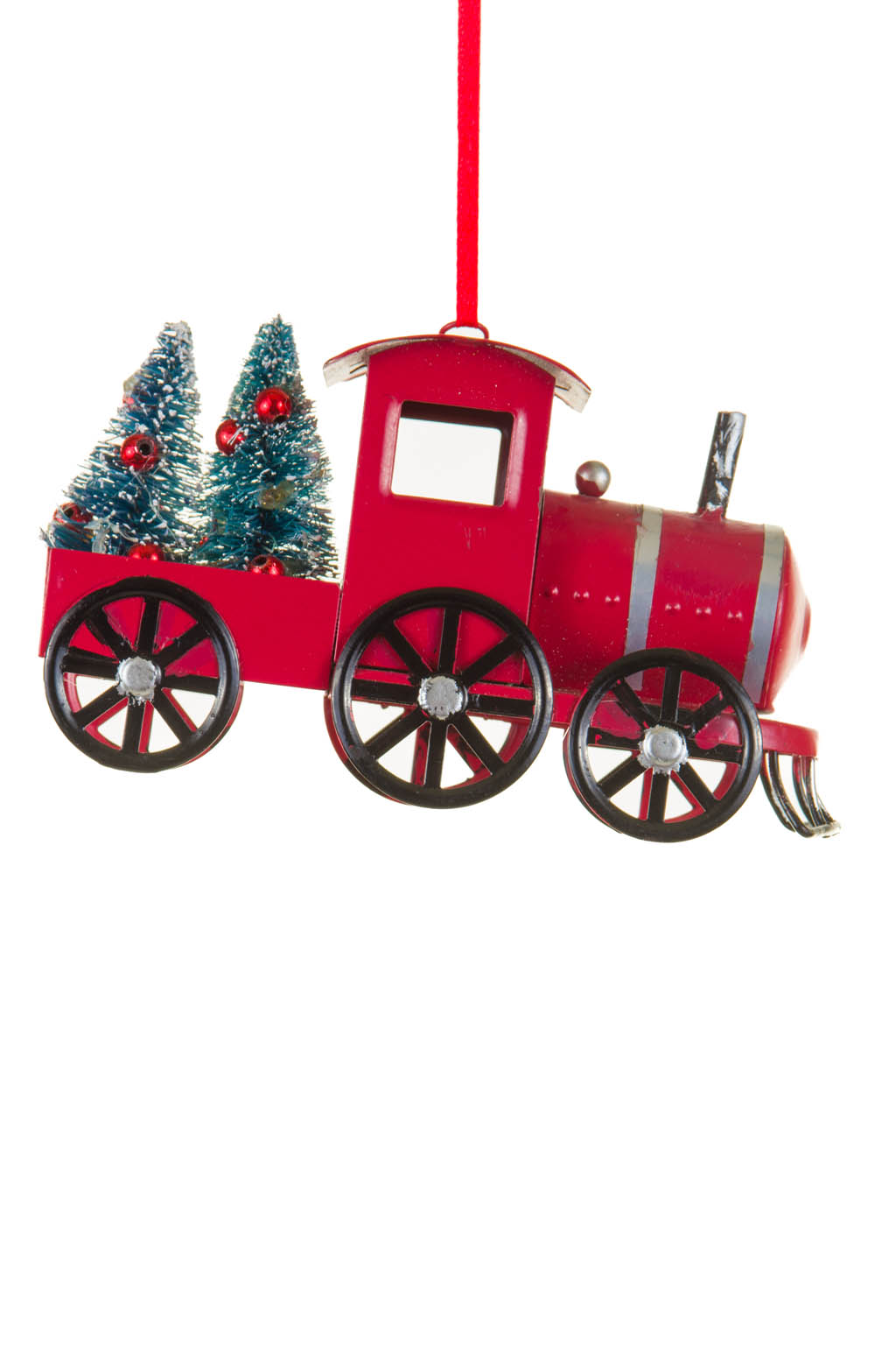 Hanging Red Lugging Train Ornament with Two Christmas Trees