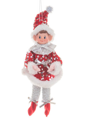 Hangable Red and Silver Sequin Grinning Elf Wearing Tinseled Pants